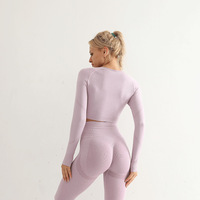 Ensemble de yoga 2 pièces sans couture pour femme, haut de sport court à manches longues très élastique et leggings taille haute rehausseurs de hanches