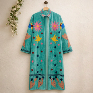 Turquoise Embroidered Velvet Long Suzani Jacket With Floral And <b>Bird</b> Pattern <b>Stand</b> Collar Full Sleeve Boho Style Winter Wear - Product Image 1