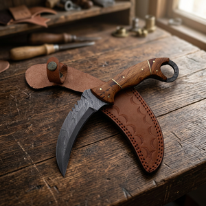 Cuchillo de caza hecho a mano de acero de Damasco con mango de madera, hoja dentada de punta curva y diseño de espiga completa personalizado. - Product Image 2