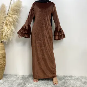 Fall Black fancy front closed long sleeve velvet ladies abaya for Muslim women maxi inner kaftan dress