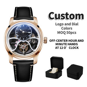 OEM Custom Luxury Mechanical Skeleton <b>Watch</b> Rose Gold <b>Case</b> Black Leather Band Off-Center Dial Balance Wheel Wristwatch for Men - Product Image 1