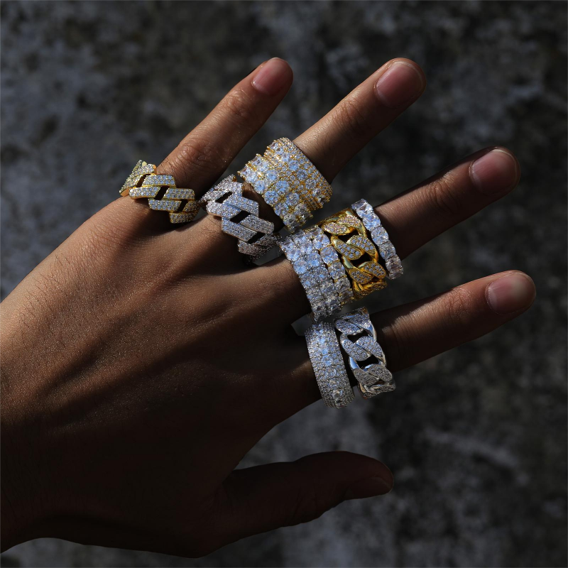 Edler Schmuck Iced Out Hip Hop Kubanischer Glieder ring Vergoldet 925 Sterling Silber VVS Moissan ite Diamond Finger Band Ring Für Männer