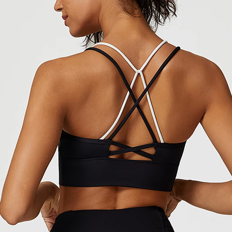 Custom High Quality Wholesale Two-color Patchwork Design Gym Fitness Yoga Sports Bra V-neck Bra Cross Back Bra