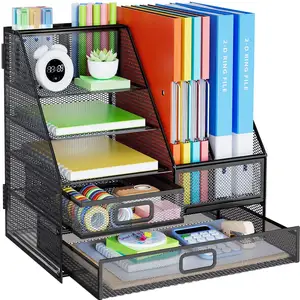 Office Home School metal Mesh Desktop Desk Organizer with 6 Compartments + 1 Sliding Drawer