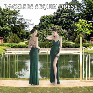 Robe de bal dos nu robe de soirée longueur au sol femmes fête col en v soutien-gorge intégré tissu à paillettes antistatique Sexy taille naturelle - Product Image 2