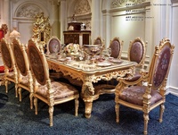 Ensemble de table à manger ronde en bois doré antique de luxe royal avec 6 chaises violettes