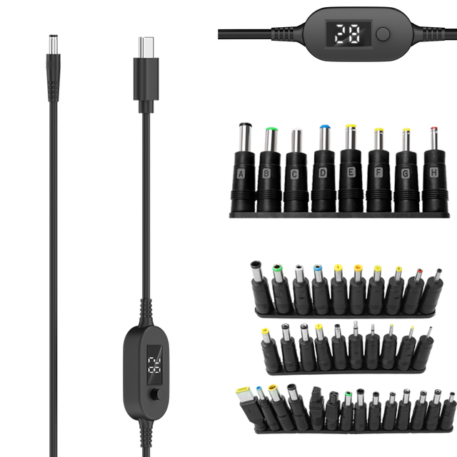 6 Level Adjustable Voltage PD 3.1 140W USB C to DC 5525 Power Switch Charge Cable with 34 Tips Adapter Support Digital Display