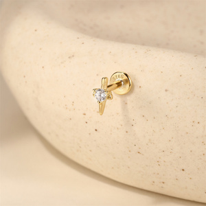 Single 925 Sterling Silver 18K Gold Plated Mini Starburst Chain Zircon Threaded Flat Back Minimalist <b>Cartilage</b> <b>Stud</b> Earring for - Product Image 6