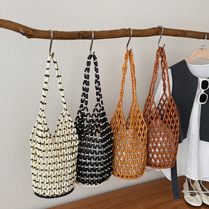 Bolso de hombro grande de gran capacidad para mujer, estilo veraniego 2026, con cuentas y tejido, ideal para vacaciones, color liso, para playa y compras. - Product Image 2