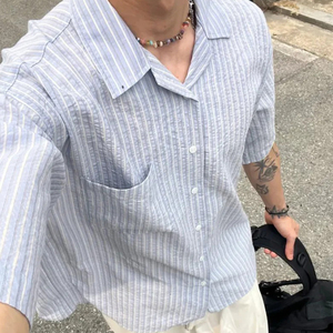 <span class=keywords><strong>Camicia</strong></span> Estiva di Alta Qualità con Colletto Cubano, Vestibilità Oversize, Traspirante, a Righe, in Tessuto <span class=keywords><strong>Seersucker</strong></span> Naturale - Product Image 5