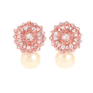 Pendientes de Oro Rosa E2693 con Diseño de Flor y Perla de Agua Dulce para Mujer, Joyería de Boda, Estilo Romántico - Product Image 1