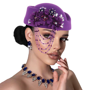 Chapeau rétro britannique en PU pour femme, style Derby, avec strass et pompon, béret souple, casquette d'hôtesse de l'air - Product Image 2