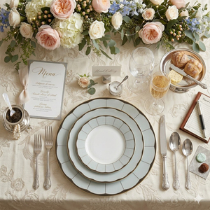 Vajilla Moderna de Cerámica Verde Menta con Borde Festoneado, Platos de Porcelana, Vajilla Elegante de Porcelana Fina, Vajilla de Cocina al por Mayor - Product Image 1