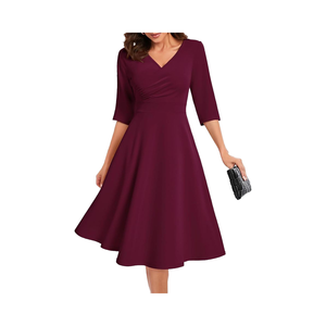 Đầm Cocktail Voan Tay 3/4 cổ chữ V cho nữ thường ngày mùa hè ĐẦM DỰ TIỆC Midi dài trà bằng cotton màu trơn vòng eo tự nhiên - Product Image 1