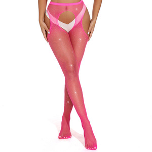 Collants résille sexy taille haute pour femme avec strass, bas résille ouverts sur quatre côtés, leggings noirs en maille - Product Image 1