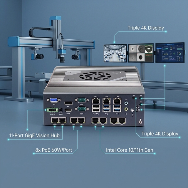 Triple 4K Digital Signage Player Intel Core i3 10th Fanless Embedded Mini PC for Video Wall Mounting with H.265 Hardware Decode