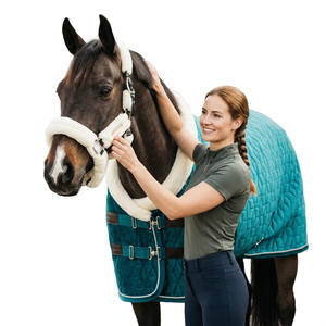Horse <b>Rug</b> Fleece Lining Square Shape High Neck Waterproof Lightweight Durable Winter Outdoor Use Solid <b>Blue</b> Color <b>Large</b> Tail - Product Image 3