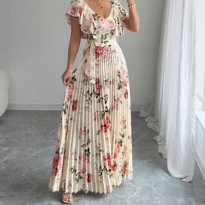 เดรสแฟชั่นทรงเอ พิมพ์ลายดอกไม้ดิจิทัล คอวี แต่งระบายช่วงเอว จับจีบสวยหรู สไตล์รีสอร์ท สำหรับผู้หญิง ขายดี - Product Image 3