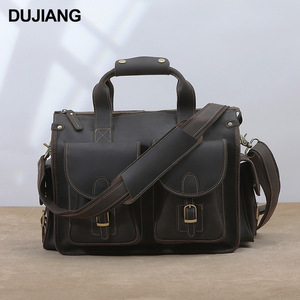 Dujiang Men's Genuine Leather <b>Briefcase</b> Crazy Horse Brown Business Travel Laptop Bag Solid Color Crossbody Shoulder Bag - Product Image 1