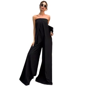 Mono de mujer con hombros descubiertos, cintura alta, pantalón largo de crepé, para fiesta, en negro, blanco y rojo - Product Image 5