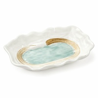 Service de table en porcelaine fine blanche nordique sur mesure avec bordure dorée et motifs abstraits bleus