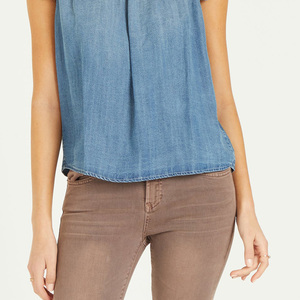 Camicette estive <span class=keywords><strong>senza</strong></span> <span class=keywords><strong>maniche</strong></span> da donna con colletto a balze e chiusura con bottoni a <span class=keywords><strong>maniche</strong></span> arricciate blusa blu Denim da donna - Product Image 6