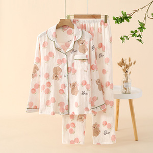 Ensemble de vêtements de nuit pour femmes en pur coton avec col et ceinture élastiquée, <span class=keywords><strong>pyjama</strong></span> deux pièces pour le printemps/automne, vêtements de maison - Product Image 2