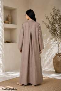 Womens Beige Linen Maxi <b>Kaftan</b> Short Sleeve V-neck A-Line Eco-Friendly Belt Robe Dress Side Slits Comfortable Regular Fit Party - Product Image 3