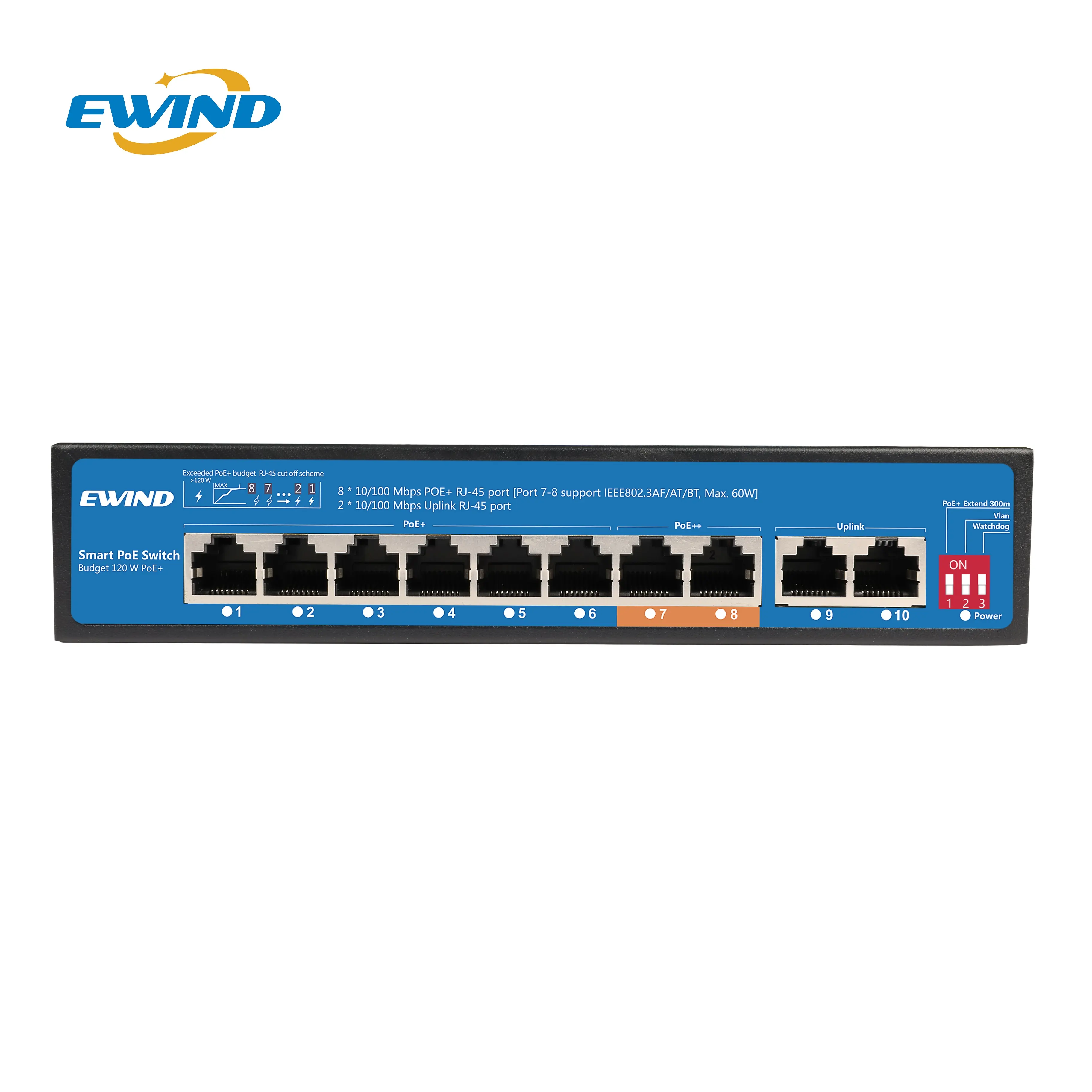 Conmutador de red PoE de 8 puertos, interruptor Ethernet no gestionado de 10/100Mbps