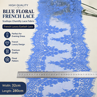 Dentelle française bleue florale de haute qualité, dentelle Chantilly festonnée, tissu de dentelle française de luxe 32 cm, dentelle à cils pour les créateurs de robes de soirée