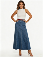 Jupe longue en jean taille haute pour femme grande taille, coupe trapèze, bleu foncé délavé, classique, en coton, pour l'été, vente en gros
