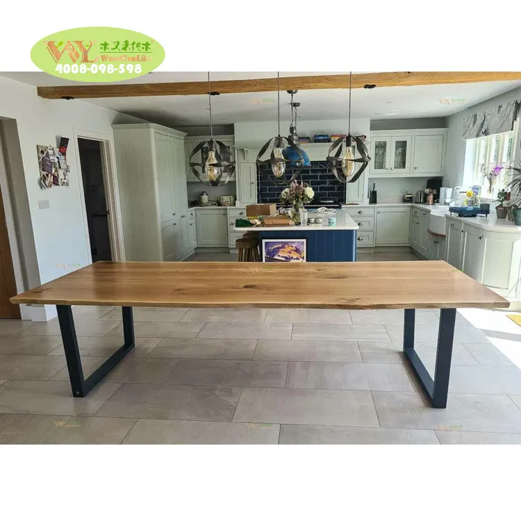 Moderne 12-zits Live Edge Eiken Eettafel Massief Hout En Trapezium Stalen Poten Woonkamer Aangepaste Tafel