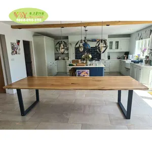 Mesa de comedor moderna de roble con borde vivo de 12 plazas, madera maciza y patas de acero trapezoidal, mesa personalizada para sala de estar