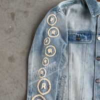 Veste en jean personnalisée avec broderie d'appliques Patch Veste vieillie Pantalon de survêtement en jean lavé Ensemble veste en jean et pantalon de survêtement