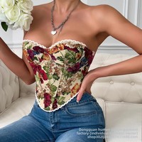 Tube Top Wanita Gaya Prancis Vintage Berenda dengan Korset, Bahan Polyester Spandex Ringan, Seksi dan Trendi, Model Camisole dengan Pengencang Pinggang