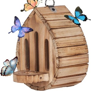 Maison pour papillons en bois Jingyuanju 16x19.5x13.2 pouces, habitat suspendu d'extérieur avec mangeoire, décoration de jardin - Product Image 1