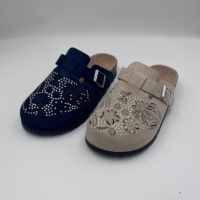 Sabots Boston en daim bleu marine à motif floral en cristal et strass pour femme, à bout fermé, avec boucle argentée, chaussures plates en liège – Vente en gros