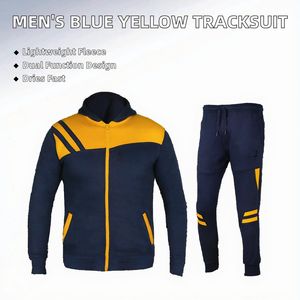 Survêtement unisexe décontracté léger à capuche en molleton lavé, coupe ajustée, manches longues, bleu et jaune, pour le sport, le jogging et la course à pied - Product Image 2