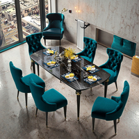 Ensemble de table à manger de luxe italienne, design moderne, grande table en métal avec 6 chaises en cuir tissu pour la cuisine et les meubles de restaurant