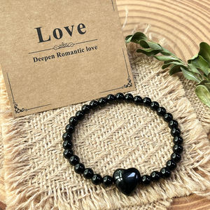 Romantique Coeur Charme Bijoux À La Main Femmes 6mm Noir Obsidienne Perle Bouclier D'énergie Manifestation <span class=keywords><strong>Bracelet</strong></span> pour la Saint Valentin - Product Image 4