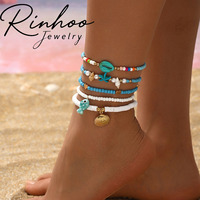 Gelang Kaki Wanita Musim Panas INS Fashion, Turquoise Starfish Fish Turtle Multi Layered Seed Beads Shell Vintage Handmade