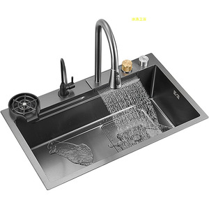 Évier de cuisine en acier inoxydable 304, cuve unique, moulage monobloc, robinet goutte d'eau intégré, grande taille, usage domestique - Product Image 5
