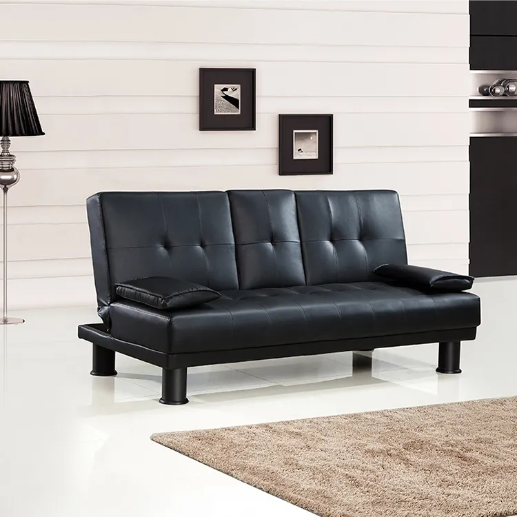 Sofá cama plegable de tela de cuero negro al por mayor de fabricante, muebles de sala de estar, mecanismo plegable, sofá cama barato