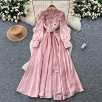 Robe longue élégante pour femmes, rouge, à manches longues, avec empiècements en dentelle, coupe évasée, avec ceinture, pour les occasions décontractées, les fêtes, les vêtements de tous les jours, robes décontractées