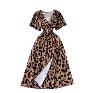 Vestido midi casual de verano con cuello en V y abertura, túnica ajustada con vendaje, manga corta, estampado de leopardo y encaje para mujer - Product Image 5