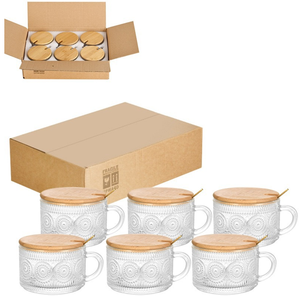 Set da 6 Bicchieri in Vetro Vintage da 450ml (15oz) con Motivo in Rilievo, Tazze Vintage, Contenitori per Overnight Oats con Coperchi in Bambù e Cucchiai - Product Image 1
