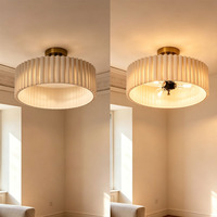 Plafonnier Rétro Doré Beige à 3 Lumières avec Abat-jour Circulaire en Tissu Plissé pour Décoration Intérieure