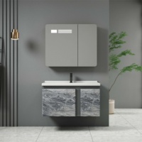 Meuble-lavabo flottant moderne en PVC crème personnalisé pour la vente en gros, avec armoire à double porte et miroir LED, idéal pour les projets de construction