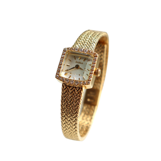 Mini Square Luxury Vintage Women's Watch Gold Plated Quartz Movement Waterproof Pointer Stainless Steel Band Brass Case Wheat