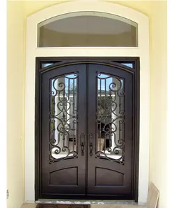 Residential Wrought Iron Front Doors For Sale Design Single Swing Gate With Tempered Glass House Metal Rod Steel Main Entry Door